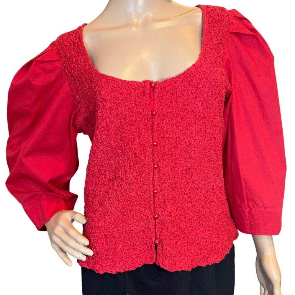 Anthropologie Red Smocked Cardigan Top Button Blouse Tagged XL Fits Like M / L - Picture 5 of 16
